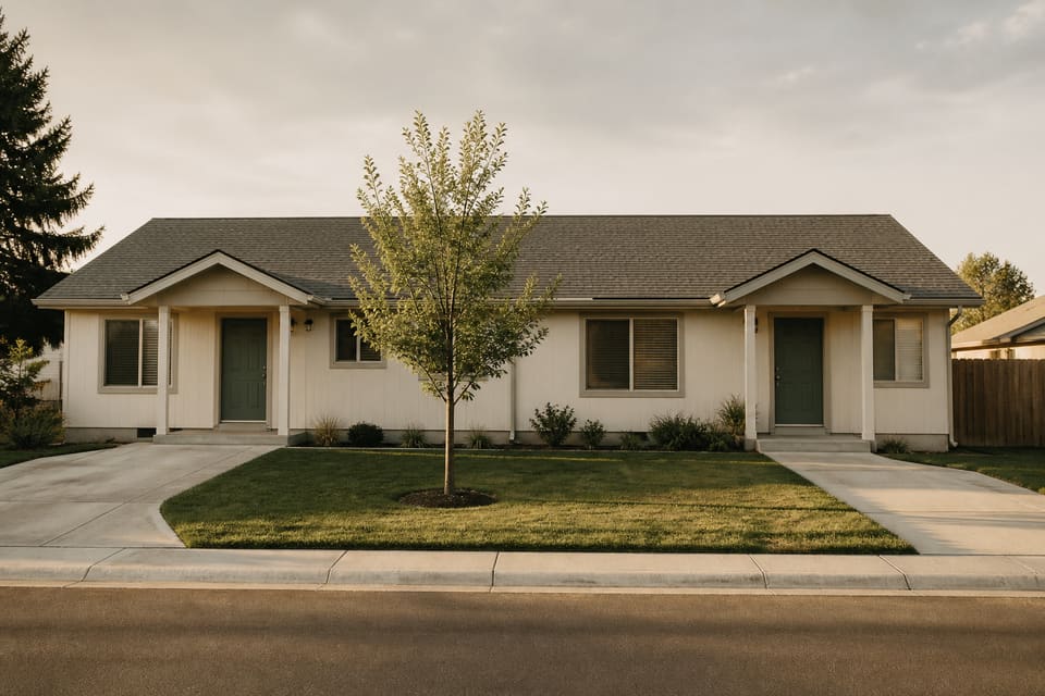 Street-facing Boise rental house with a small front yard in late-afternoon light. Illustrative property.